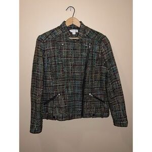 Coldwater Creek Wool Blend Rainbow Tweed Moto Jacket SZ 12 Lined Preppy Clueless
